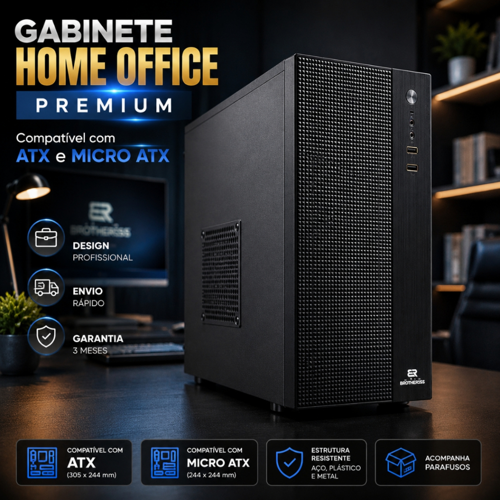 Gabinete Home Office Desktop Para Placa Micro Atx e ATX Compacto Preto