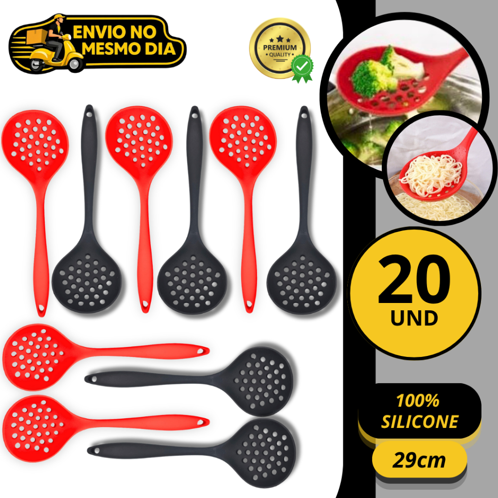 KIT 10/20  Escumadeira 100% Silicone Premium Antiaderente Resistente ao Calor Não Risca Panelas Utensílio de Cozinha