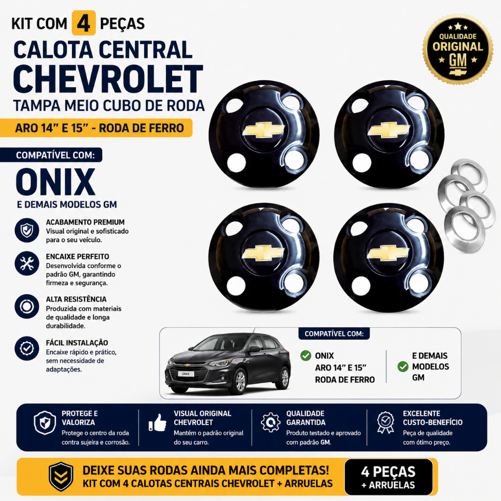 Calota Calotinha Central Tampa Meio Cubo De Roda Gm Chevrolet Onix Aro 14 15 Roda de Ferro 4 Peças