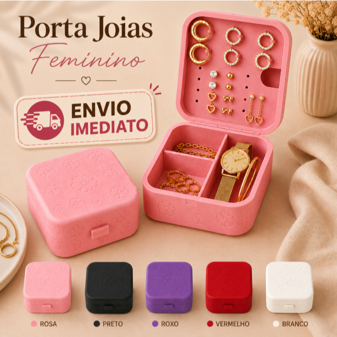 Porta Joias Feminino Organizador Bijuterias Anéis Brincos Colares Compacto Viagem com Divisórias