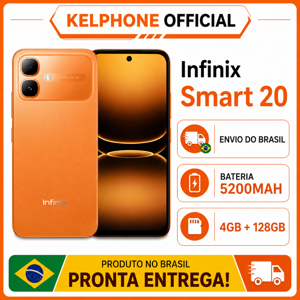 Smartphone Infinix Smart 20 4G 128GB 4GB RAM Tela HD+ 6.78" 5200mAh Dual SIM Envio Rápido