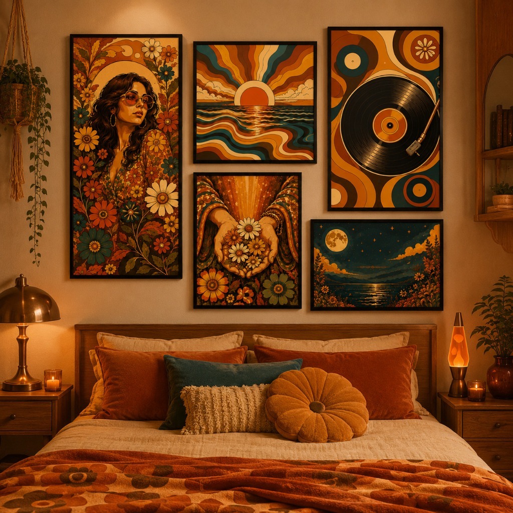 Kit 5 Quadros Decorativos Anos 70 Psicodélico Retrô Disco de Vinil Vintage