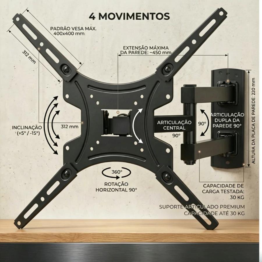 Suporte Articulado Universal Para TV E Monitor 14 A 55 Polegadas Parede LCD LED