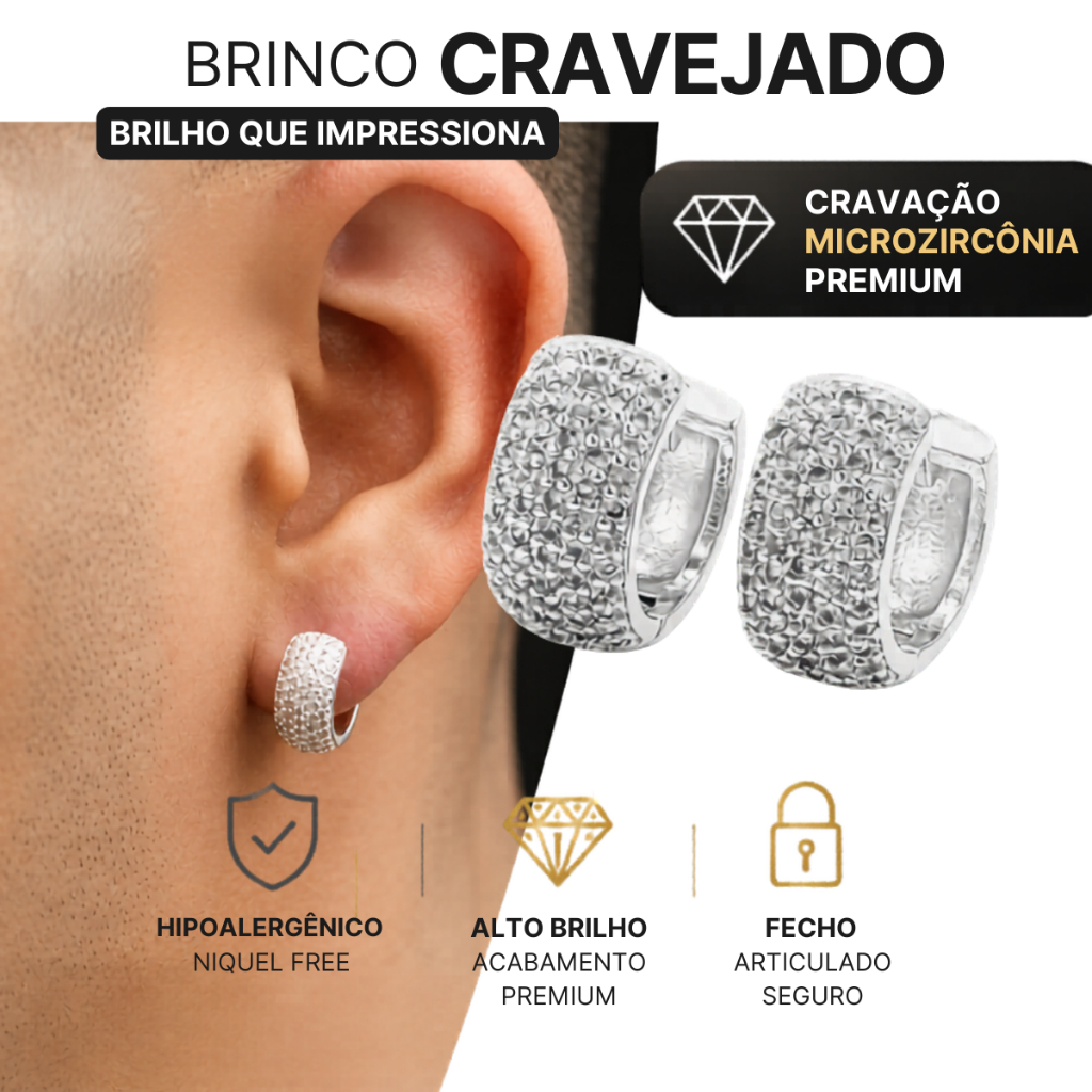 Brinco Masculino Argola NJ Prata Cravejado Zirconia Banhado a ouro Branco Brinco de Argola