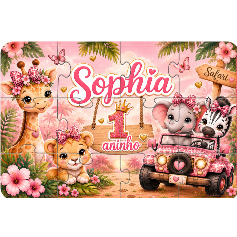 Kit Quebra-Cabeças MDF 10x15 safari baby rosa animais  nome e idade lembrancinha personalizada aniversario festa