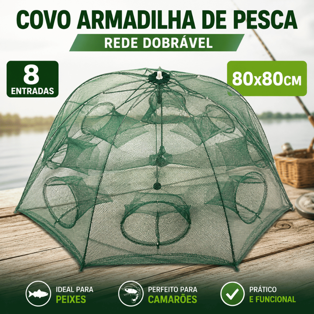 Covo Armadilha De Pesca Rede Dobrável 8 Entradas 80x80cm Para Isca Camarão Peixe