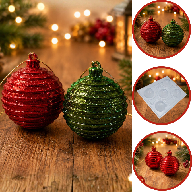 1~5 Forma BWB Com Silicone (3 partes) Para Chocolate Cód. 10051 - Bolinha de Natal Riscado 50g.