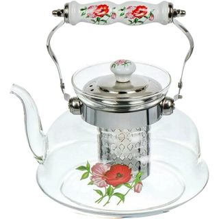 Chaleira de Vidro Borossilicato Vai ao Fogo 1L Estampada de Flores com Infusor Alça Cerâmica Floral