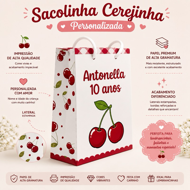 Sacolinha Cerejinha Personalizada com Tag Nome e Idade Lembrancinha Pegue e Monte