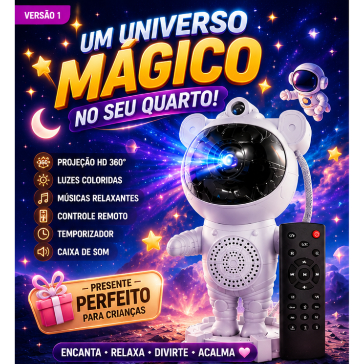 Projetor Astronauta Galáxia LED Bluetooth Controle Remoto Luz Noturna Céu Estrelado RGB 360°