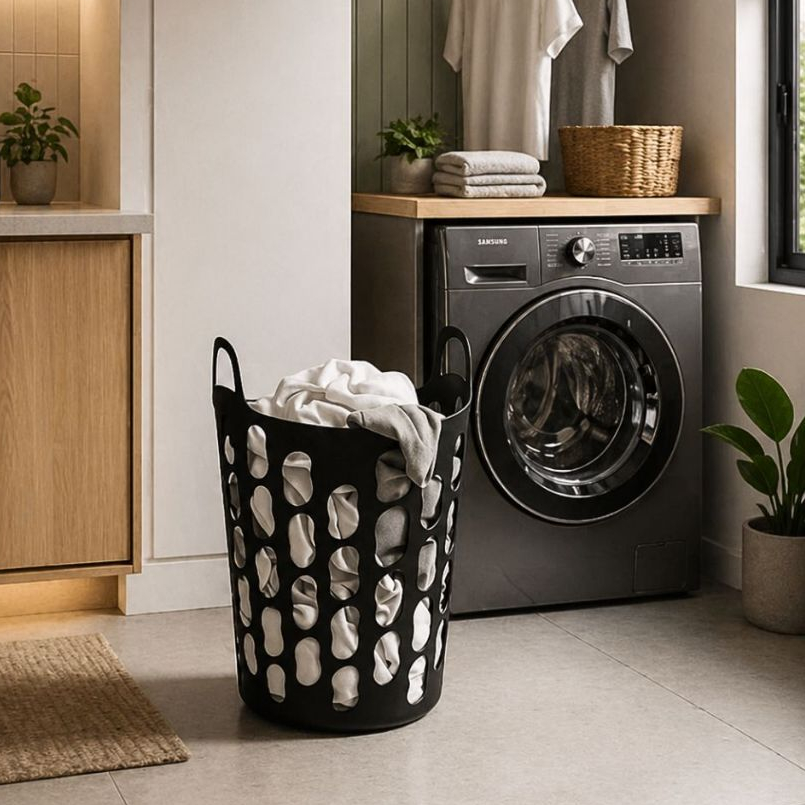 Kit 1/3 Cesto Organizador Flexível Grande Preto Roupa Suja Sacola Alças Transporte Vazado Lavanderia Áre de Serviço