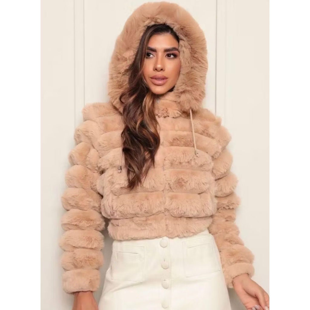 TEDDY VELUDO Jaqueta Cropped Peluciada Feminina com Capuz e Bolsos Frontais Estilosa Elegante com Capuz Removivel