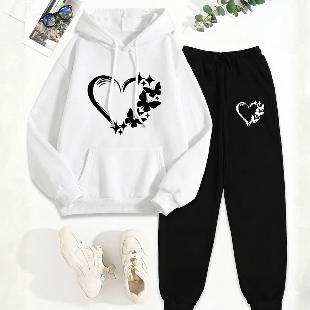 Conjunto Moletom Feminino Moletom Flanelado Com Capuz Coração Borboleta e Calça de Moletom Flanelada