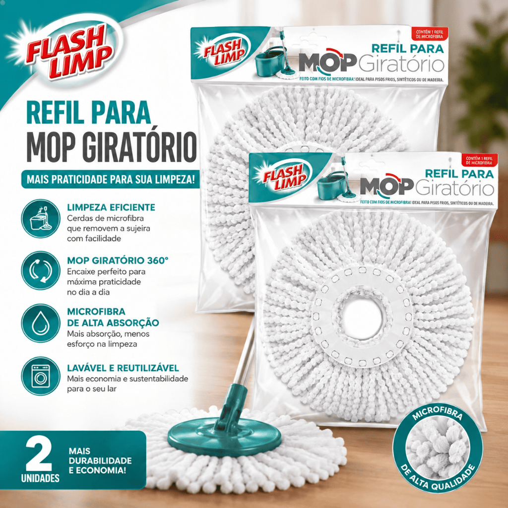 Kit 2 Refil Mop Fit 13,5 cm Microfibra Para Duas Aguas Fit Esfregão 360 Casa Limpeza Flash Limp
