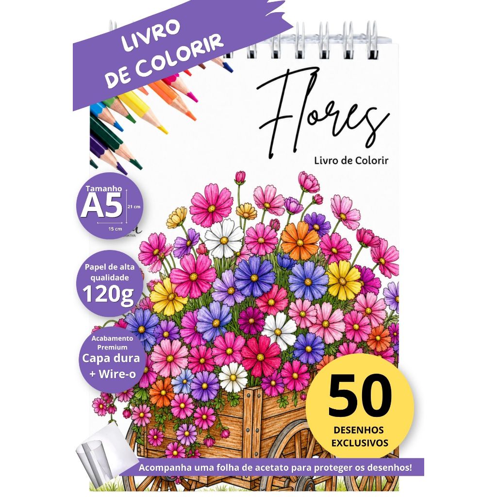 Livro de Colorir Flores | 50 Desenhos Florais Jardim Adulto | A5 120g Capa Dura | Antiestress Relaxar Ansiedade