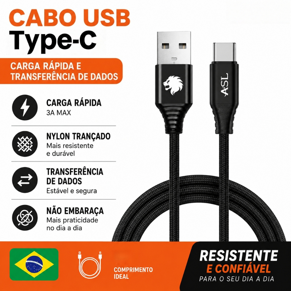 Cabo USB Type-C 3A Preto Nylon Trançado Carregamento Rápido Durável Para Smartphone