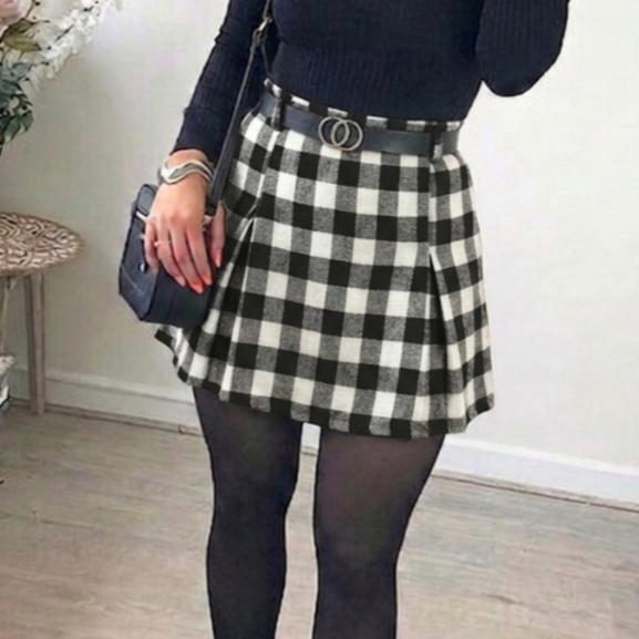 Short Saia 360 Xadrez Cintura Alta C/Ziper Costas Plus Size
