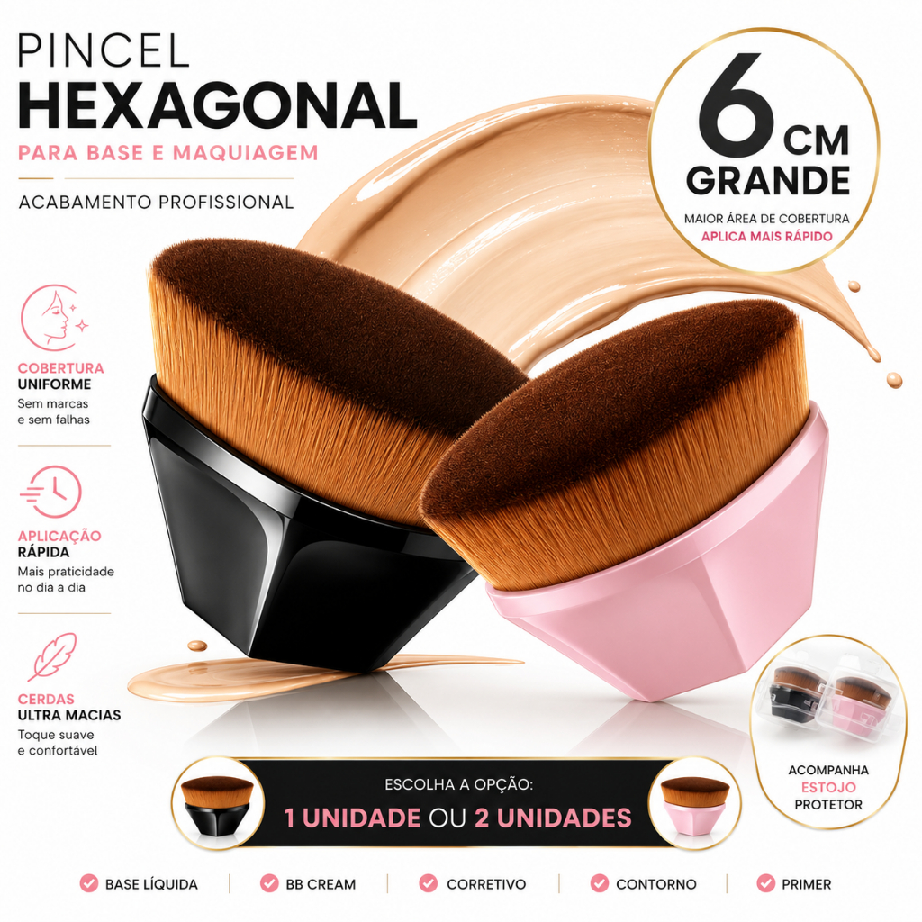 Pincel Hexagonal Para Base Mágico Até 02 Unidades Flawless Brush Preto Rosa Maquiagem Corretivo Primer Pó Escova Oval