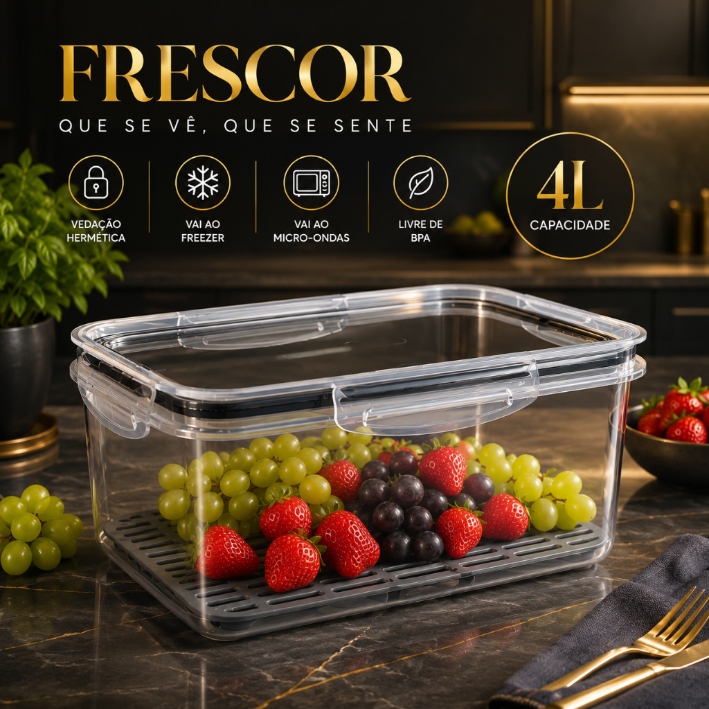 Pote Hermético Plástico Porta Frutas Frios 4L C/ Escorredor Organizador Verduras Frutas Plasutil