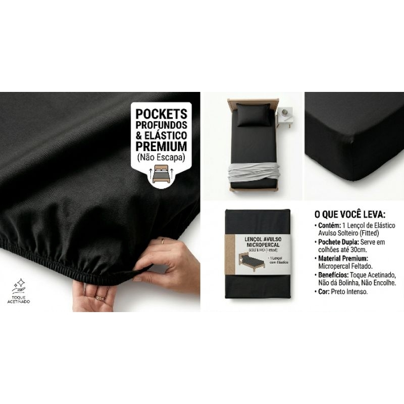 Lençol Avulso Solteiro Com Elástico Preto 400 Fios Micropercal