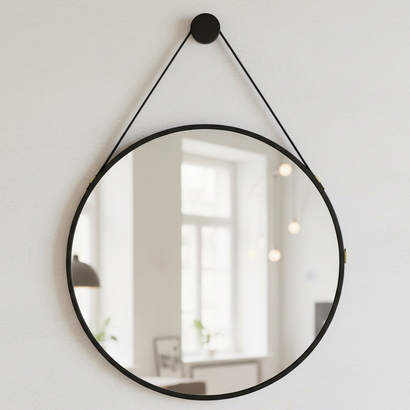 Espelho Adnet Redondo 60x60 Decorativo com Moldura em Couro Moderno Luxo