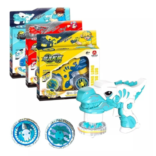Brinquedo Lançador de Pião Beyblade Dinossauro Batalha Turbo de Titans Plástico e Metal Com Luzes