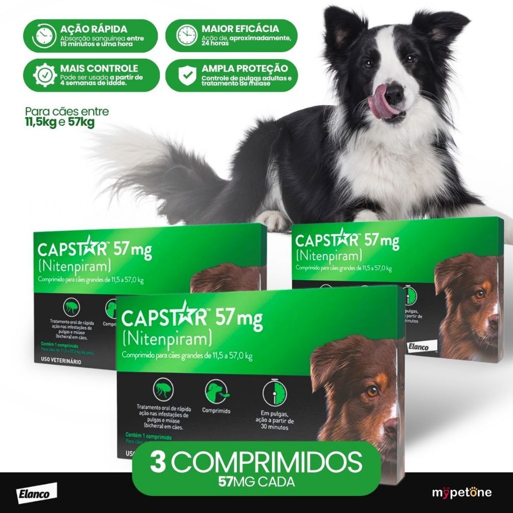 Kit 3 Antipulgas Elanco Capstar 57 mg para Cães acima de 11,4 Kg até 57 Kg - 1 Comprimido