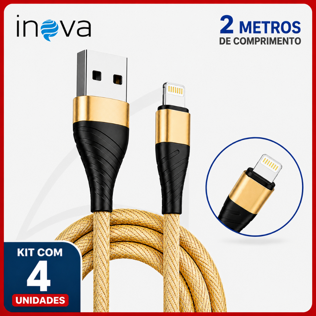 Kit 4 Unidades Cabo Carregador Lightning Iphone Inova 2 Metros Cores Variadas Original