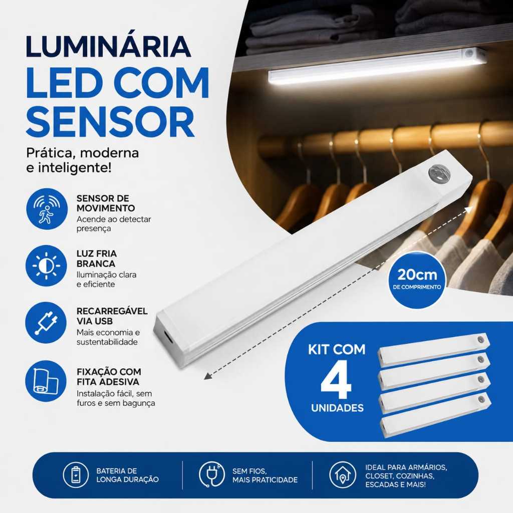 Kit Com 4 Luminária Recarregável Led 20cm Barra Portátil Iluminação Cabo USB Luz Adesivo Armário Gaveta Prateleira
