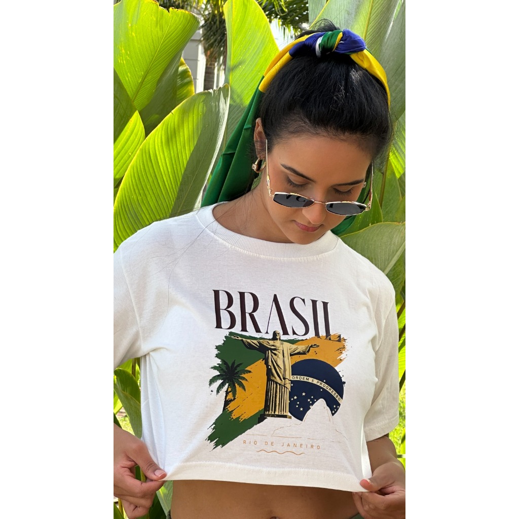 Cropped Brasil Rio de Janeiro Cristo Redentor 100% Algodão Blusinha Feminino Copa 2026 Futebol Seleção Tendência