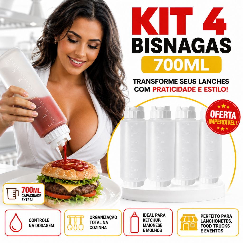 kit 4 Bisnaga Molho 700ml FIFO Invertida Cozinha Ketchup Maionese Profissional