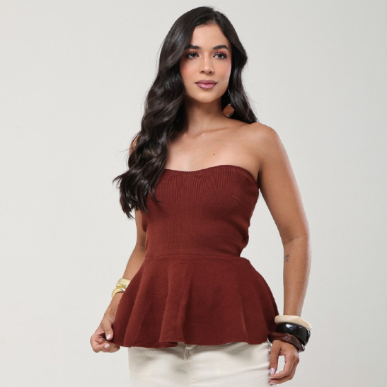 Blusa Peplum Tomara que Caia Tricot Modal Encorpado Sem bojo Moda Blogueira Cropped