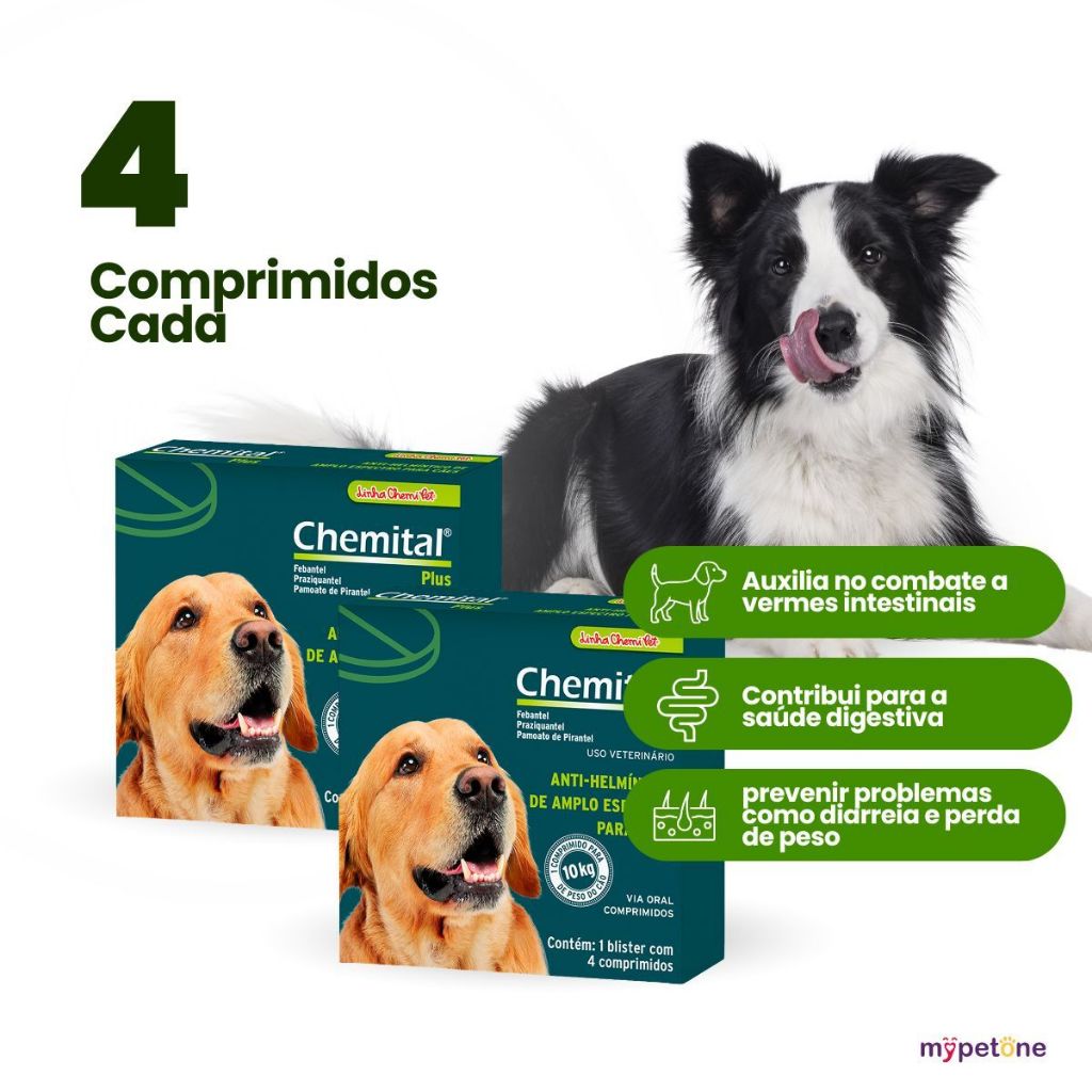 Kit 2 Chemital Plus Chemitec Vermífugo para Cães - 4 Comprimidos