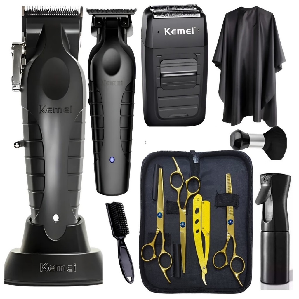 KIT BARBEIRO KEMEI 2296 + KEMEI 2299 + KEMEI 1102+ CAPA CORTE + ESPANADOR + BORRIFADOR + ESCOVINHA + 3 TESOURAS DOURADA