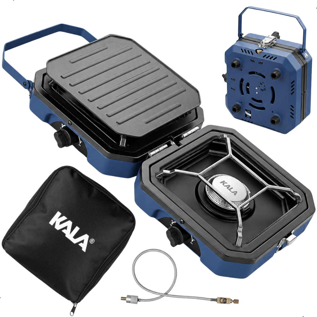 Fogareiro Portátil Dobrável 2 Bocas Com Chapa e Acendimento Automático Compacto Para Camping Pesca e Viagens Kala