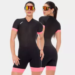 Macaquinho Ciclismo Feminino Forro em Gel Wayfresh Roupa Macacão Preto com Rosa Bike Pedal Mtb