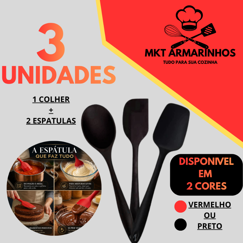 Kit 3 Utensílios de Silicone Cozinha Colher e Espátulas Resistente ao Calor Antiaderente Gourmet Premium