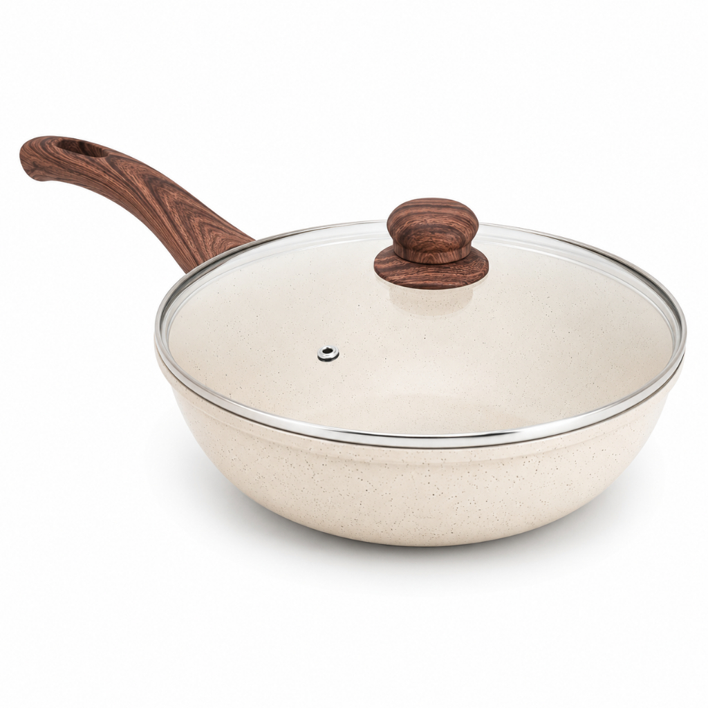 Panela Frigideira Wok Grande e Funda Com 28cm Antiaderente Cerâmica Premium Com Tampa De Vidro Indução Gás Cooktop