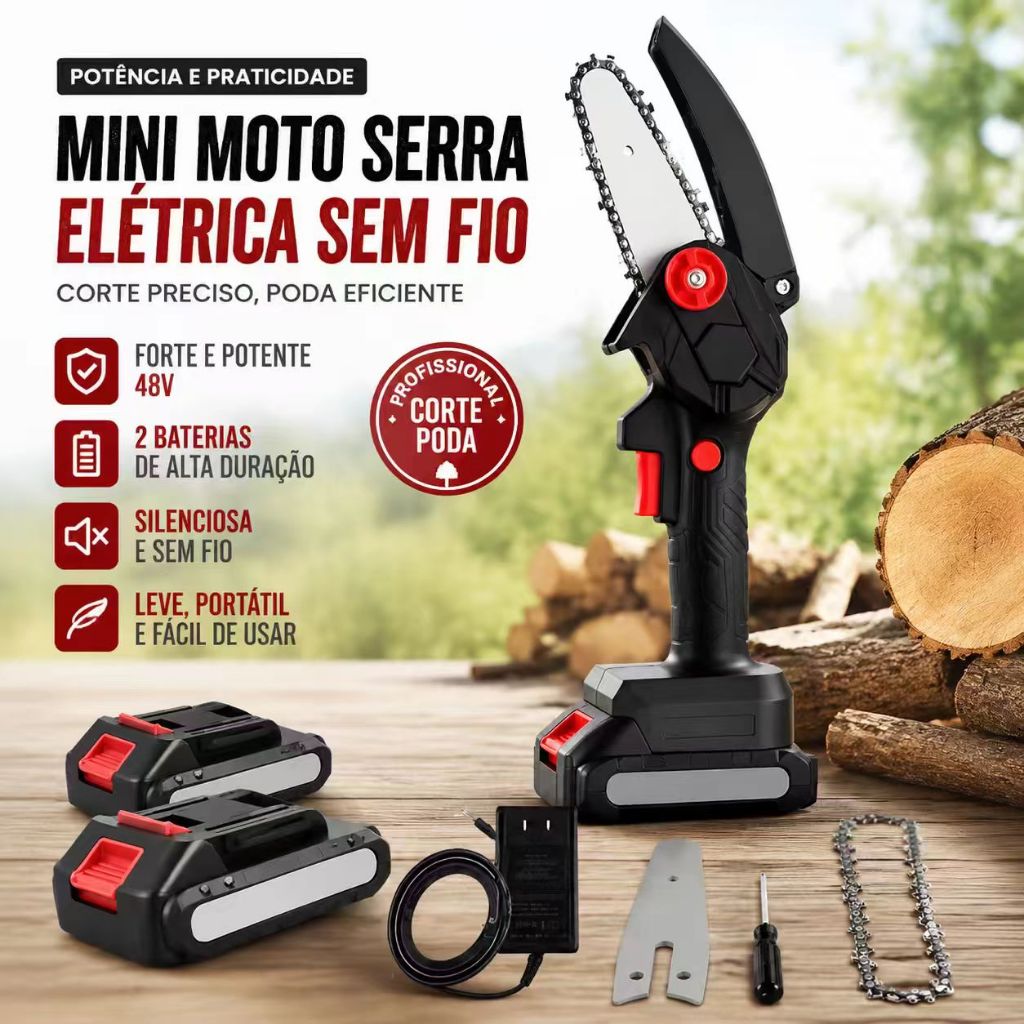 Mini Moto Serra Elétrica Com 2 Baterias 48v Forte  Sem Fio Portátil Profissional Corte Poda Silencioso Motosserra