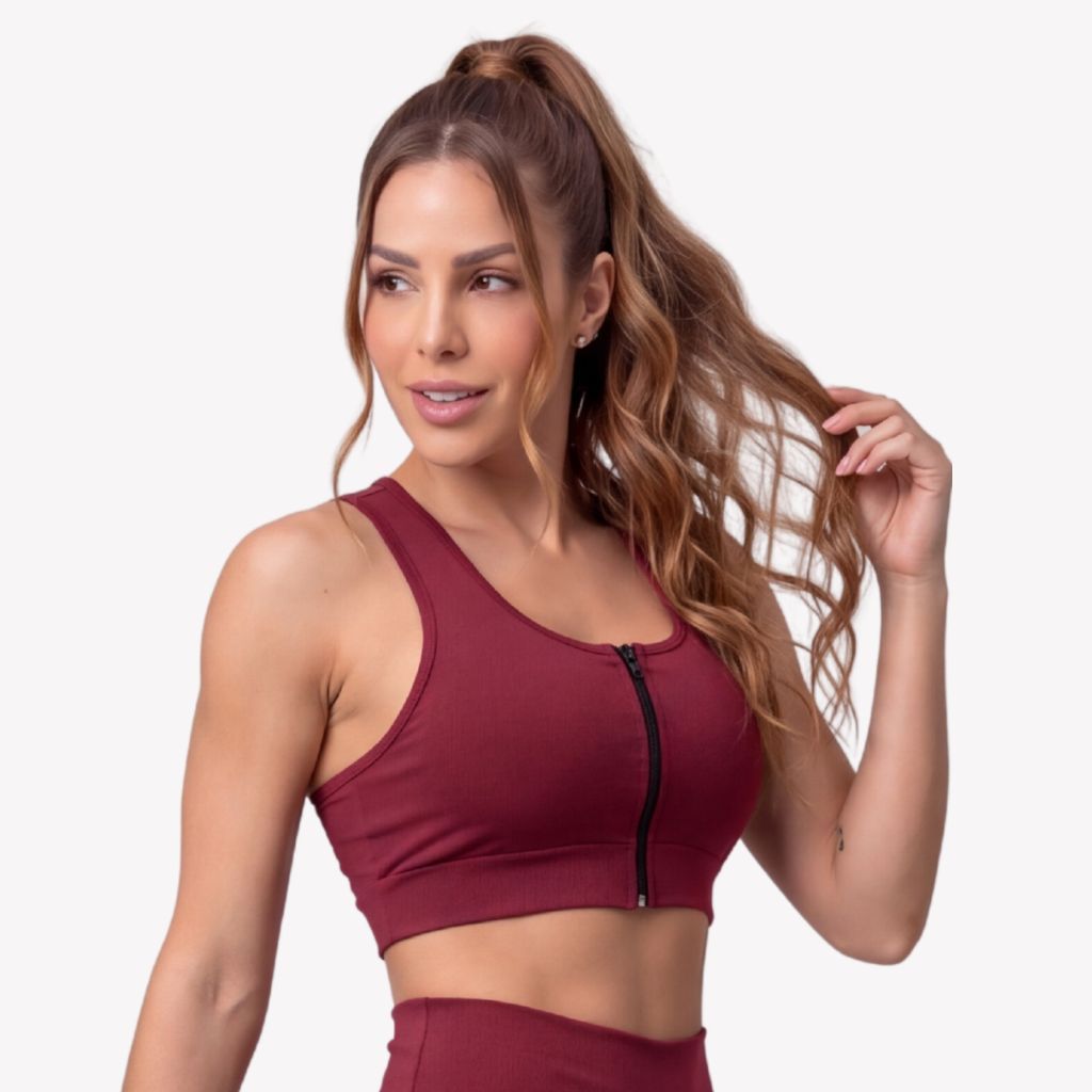 Top Fitness Com Zíper Costa Nadador Bojo Removível Feminino Academia Treino
