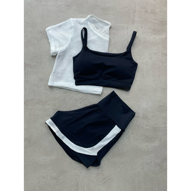Trio Conjunto Fitness Short Duplo Cropped de Telinha Top academia Zero Transparência Healthy