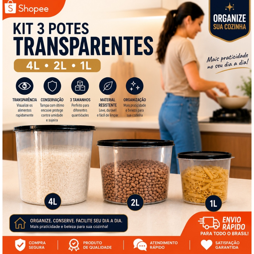 Kit porta mantimentos 3 pote transparente plástico 4,2,1 Litro organizadores cozinha resistente