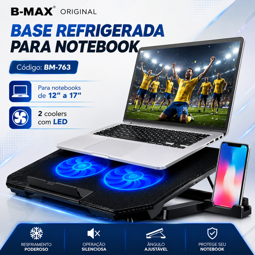 Base Cooler para Notebook LED Azul 2 Fans Silenciosos USB Ajustável Original c/ Garantia B-MAX BM-763