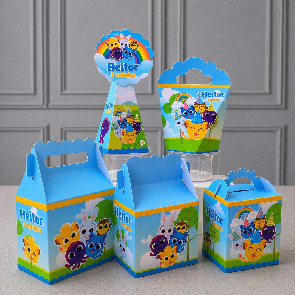 Kit Caixinhas Papelaria Personalizada Bolofofos menino Lembrancinha Surpresa aniversário festa infantil Desmontado