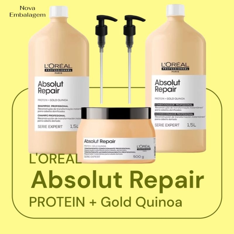 kit loreal Absolut Repair shampoo, condicionador de 1500 ml e máscara de 500 g