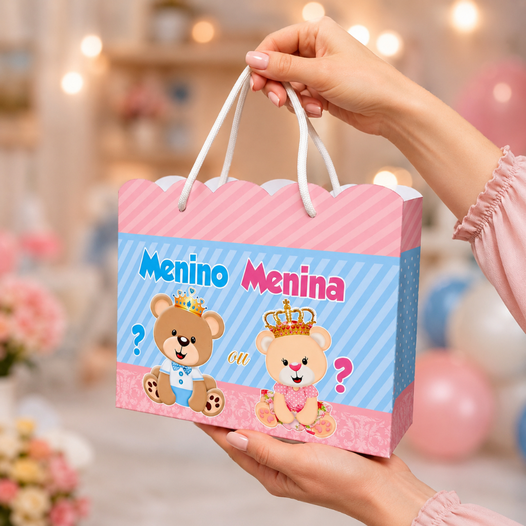Sacolinha personalizada Chá Revelação Ursinho Azul e Rosa| PEGUE E MONTE | Personalizados lembrancinhas mimos