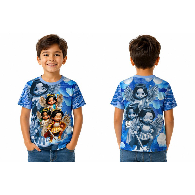 Camiseta Infantil Anjos e Arcanjos Personalizada Sublimada Azul – Frente e Costas