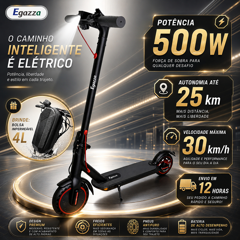 Egazza 500W Patinete Elétrico 120Kg Dobrável 8,5" Scooter Para Adultos 30km/h Bluetooth Com Bolsa