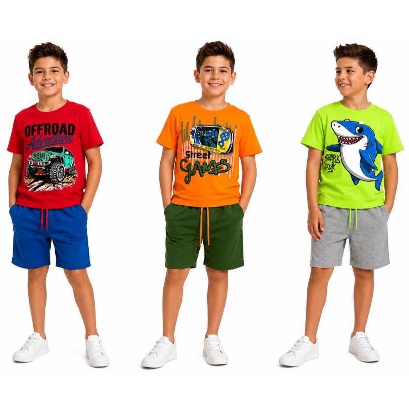 👕 KIT 6 Peças Sortidas Menino Verão Tamanho 2 ao 14 anos – 6 Peças (👕3 Camisetas + 🩳3 Bermudas )