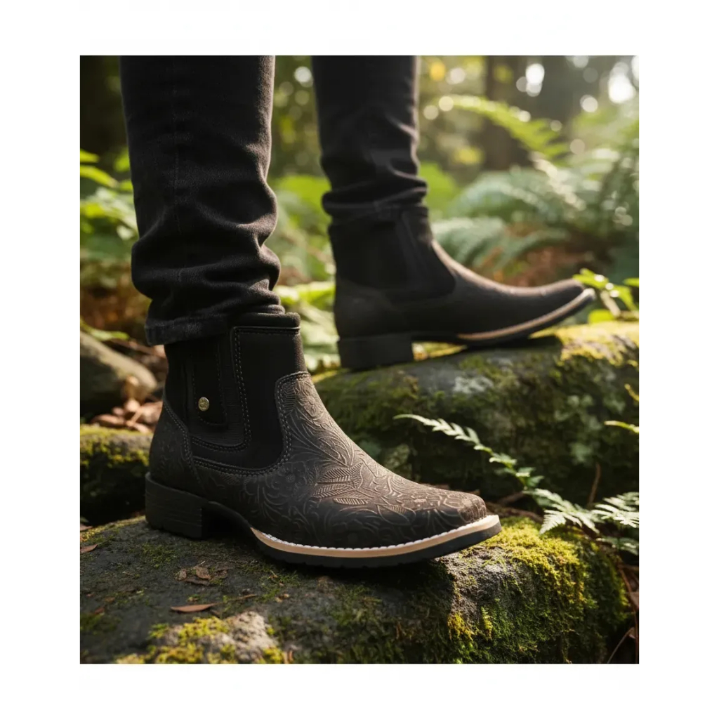 Botina Feminina Zebu 71126 Bota Nobuck Preto Country Bordada Couro Legítimo Feminina